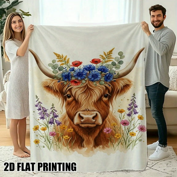 1 Piece Scottish Cow and Crown Print Flannel Blanket - Soft Lightweight All-Season Comfortable Bedspread Retro Scottish Highland Cow Design