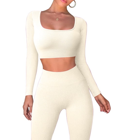 tarylea 2 Piece Workout Sets for Women Long Sleeve Square Neck Crop Tops High Rise Leggings Casual Ribbed Slim Fitted Yoga Outfits