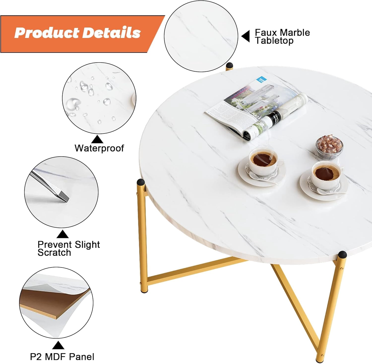 Cvortll Coffee Table Set of 3, Round Faux Marble Top with Cross Metal Frame, Modern Living Room Table for Apartment （White & Gold）