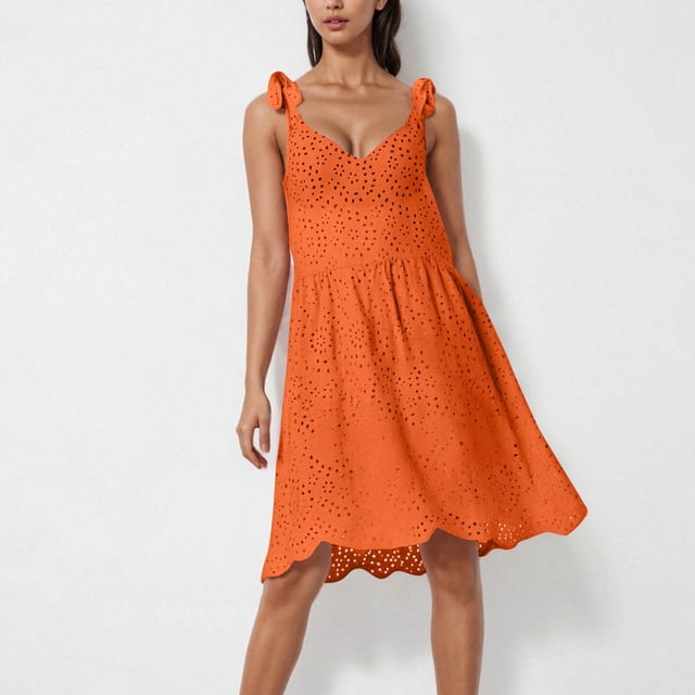 JMKQLZ Robe Mode Femme Couleur Unie Col en V Sans Manches Dentelle Bretelles Creuses Broderie Taille