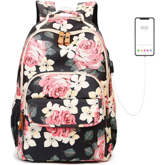 Floral Backpack School Backpack Girls Teenager Ladies School Bag Flowers Daypack Waterproof Nylon Backpacks with USB Charging Port Children's Backpack for Leisure School A Everyday Work, Black