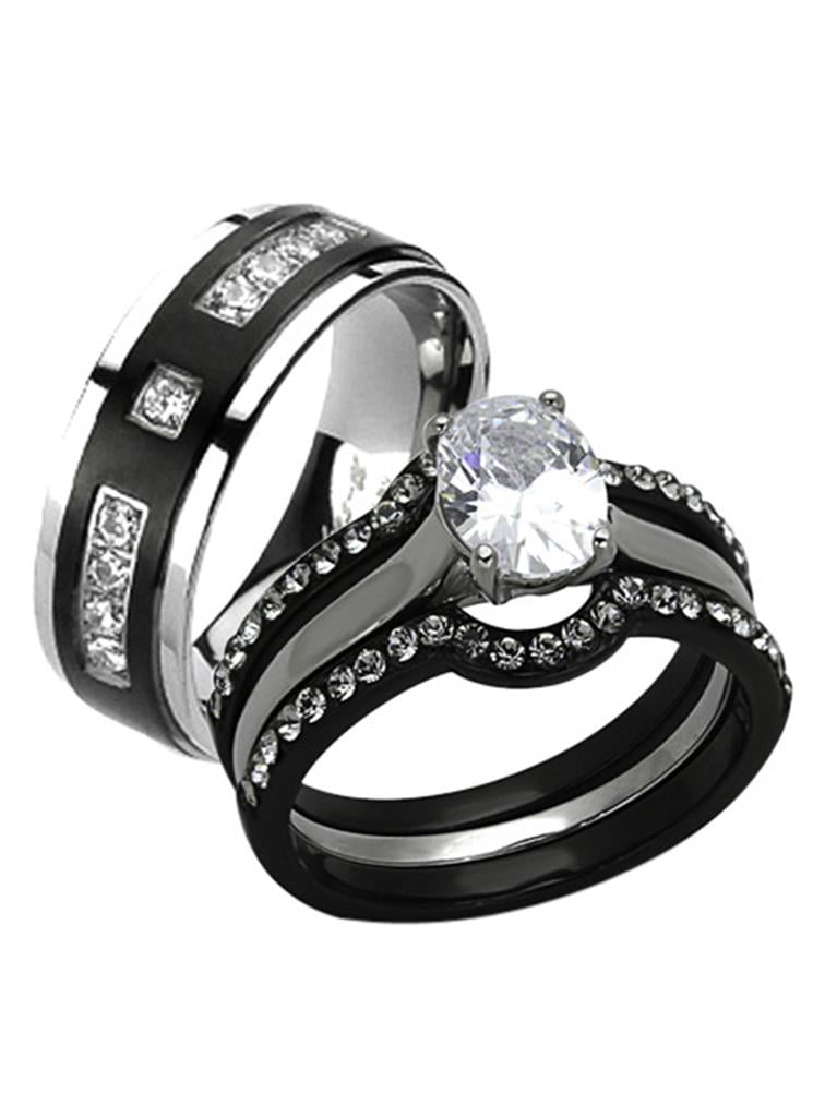 Hers & His 4PC BLACK STAINLESS STEEL & TITANIUM WEDDING ENGAGEMENT RING BAND SET 