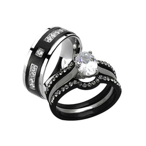 His and Her 4pc Black and Silver Stainless Steel and Titanium Wedding Ring Band Set Size Women's 07 Men's 09