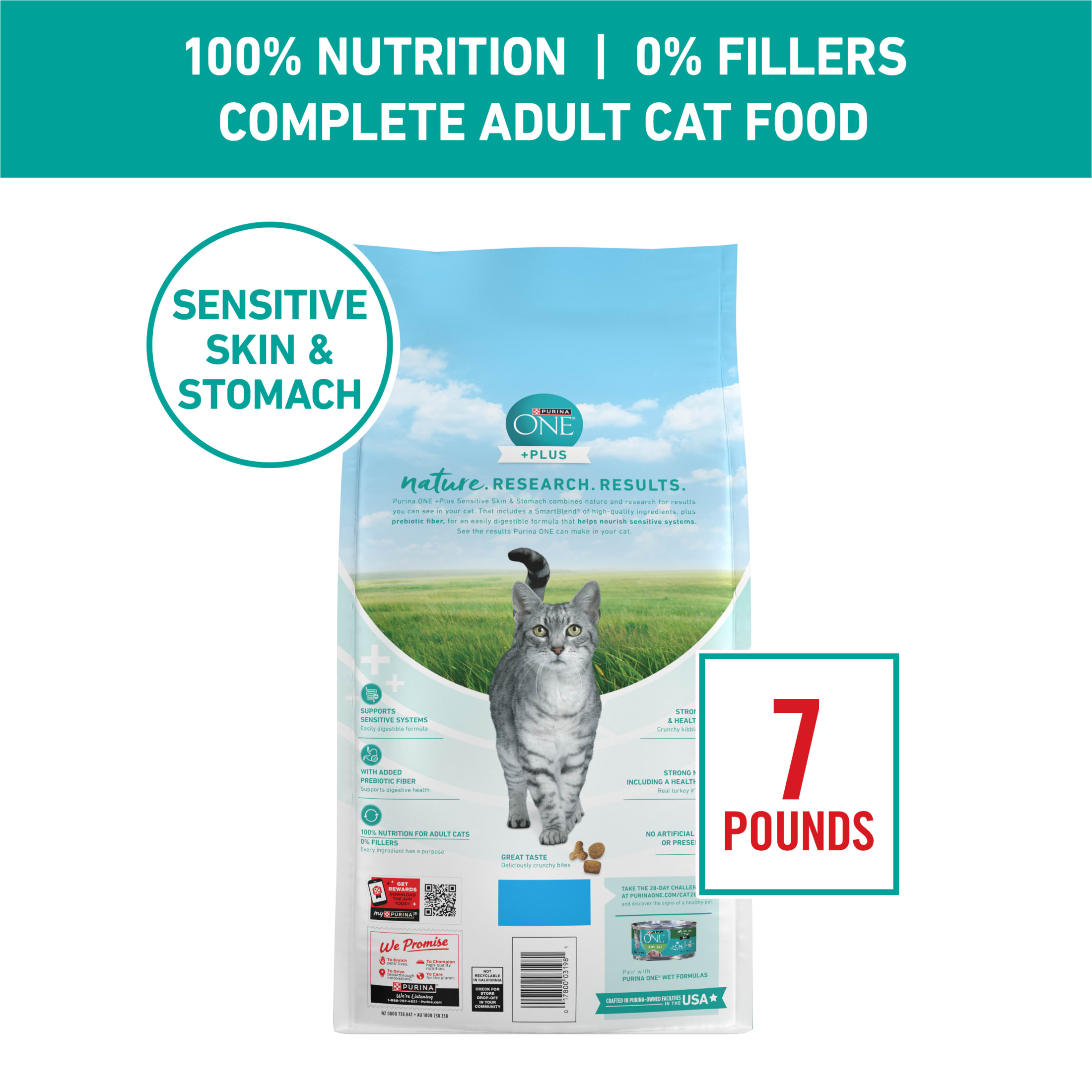 Purina ONE Plus Sensitive Skin & Stomach Dry Cat Food, 7 lb photo 7
