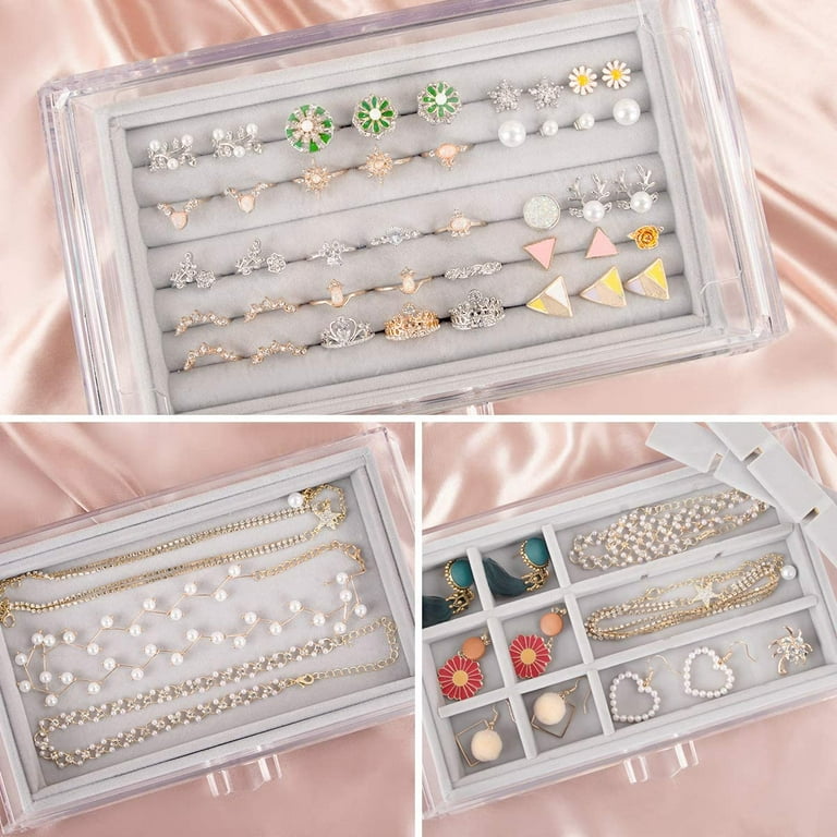 Weiai Acrylic Jewelry Organizer, Clear Jewelry Box with 4 Drawers, Jewelry Case Storage for Women (Gray)