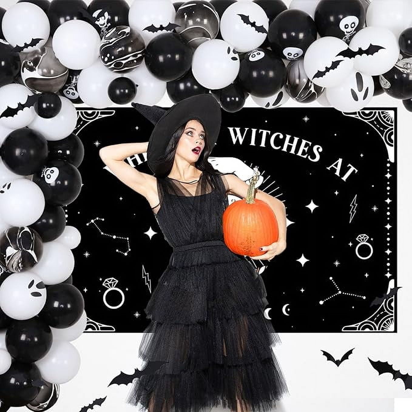 Halloween Where My Witches at Bachelorette Party Decorations Witches Backdrop Balck Balloon Garland Arch Kit 3D Bat Wall Stickers for Halloween Bachelorette Bridal Shower Party Decor Favors