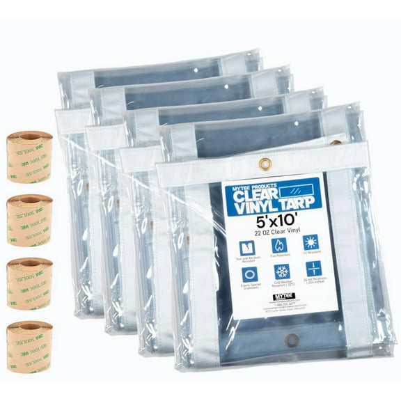 4 Pack 5' x 10' Clear Vinyl Tarp – 24 MIL Thick Heavy-Duty Waterproof Vinyl Tarpaulin with Grommets, UV & Fire Retardant – Cold Weather Resistant Cover for Outdoor