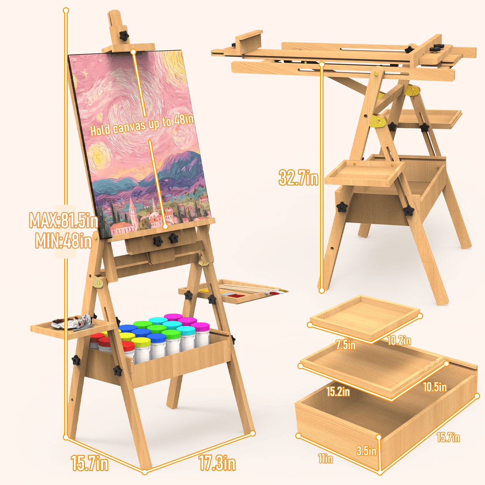 Yacona Easel for Painting, Large Beech Wood Art Easel for Adults, Painting Stand with Storage Box and Palette, Holder up to 48''