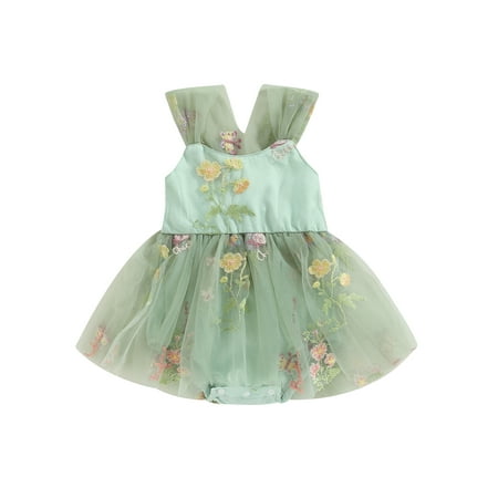 

Coduop Baby Girls Romper Sleeveless Embroidery Flowers Butterfly Tulle Patchwork Bodysuit Dress
