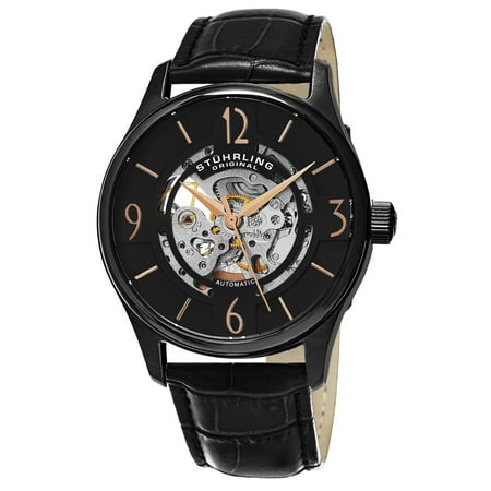 Stuhrling Original Men's Delphi Skeletonized Automatic Leather Strap Watch - Black