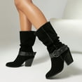 thumbnail image 3 of Cowboy Boots for Women Trendy Stitching Suede Buckle Strap Pull on Mid Calf Western Booties Chunky Heel Pointed Toe Fold Over Short Cowgirl Boots, 3 of 5