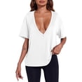 thumbnail image 3 of Womens Sexy Deep V Neck T-Shirts Summer Short Sleeve Tops Casual Loose Plus Size Fit Basic Tees Summer Womens Tops White L, 3 of 6
