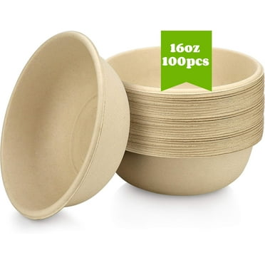 LQQBOX Compostable Disposable Paper Bowl [16 oz] Heavy Duty Soup Bowls [100 Pack] Biodegradable Bagasse Hot Cold Food Bowls for Salad Dessert Cereals