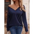 thumbnail image 2 of Long Sleeve Shirt for Women Fall Outfits Dressy Casual Fashion Clothing V Neck Tunic Tops with Button Navy Blue L, 2 of 6