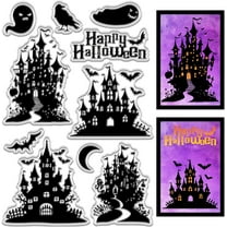 Happy Halloween Clear Stamps Reusable Retro Castle Ghost Bat Moon Background Postmark Transparent Silicone Stamp Seal for Journaling Craft Scrapbooking Card Making Decoration Supplies DIY