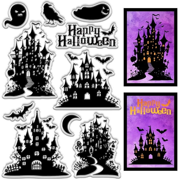 Happy Halloween Clear Stamps Reusable Retro Castle Ghost Bat Moon Background Postmark Transparent Silicone Stamp Seal for Journaling Craft Scrapbooking Card Making Decoration Supplies DIY