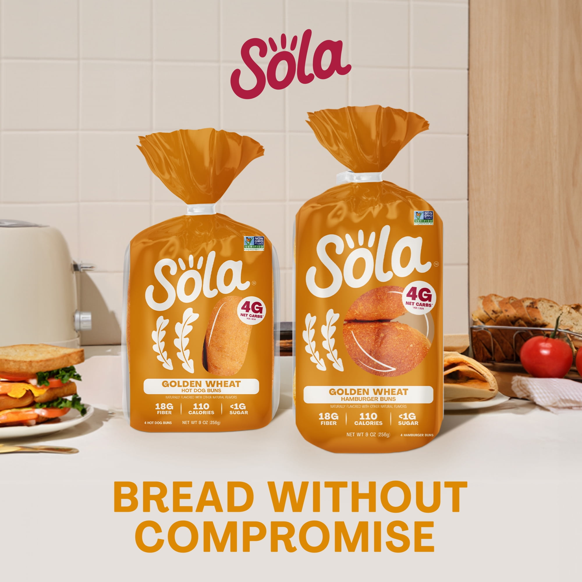 Sola Golden Wheat Hot Dog Buns, Non-GMO, 9 oz, 4 Count