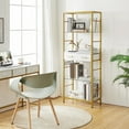 thumbnail image 5 of HOOBRO 5-Tier Bookshelf with Drawer, Tall Bookcase with Charging Station, Standing Storage Shelf with Metal Frame and Tempered Glass, for Living Room, Bedroom, Gold DW65USJ01, 5 of 10