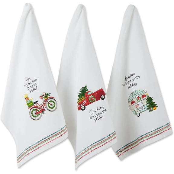 Christmas Kitchen Towels Decorative Embellished Cotton Dish Towel Set, 18x28, Holiday on Wheels, 3 Count