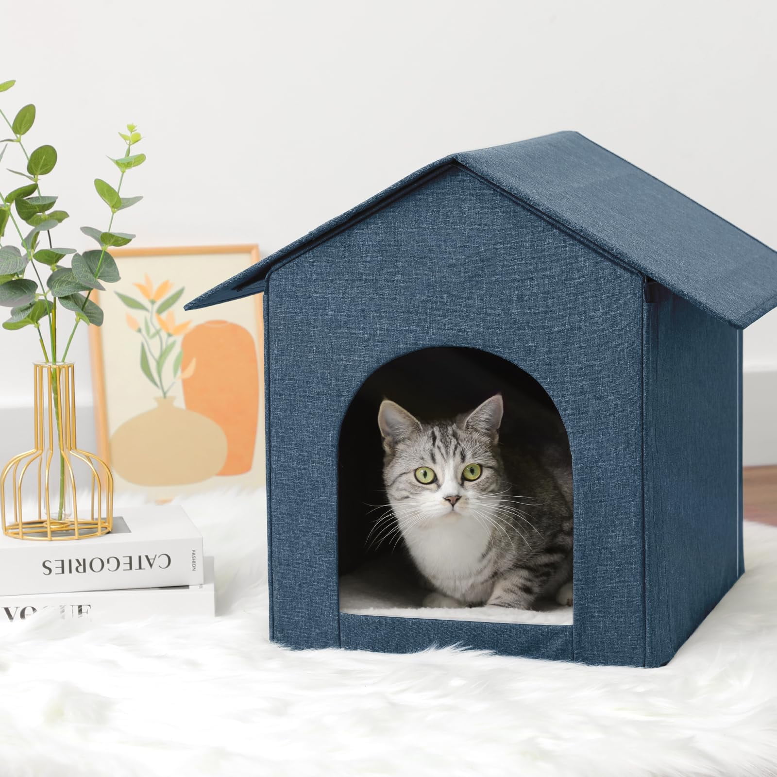 Cat House, Foldable Cat Bed for Outdoor, Cat Tent with Removable Soft Cushion ,Shelter for Cats Dogs ,17 x 13 x17 inches, Blue