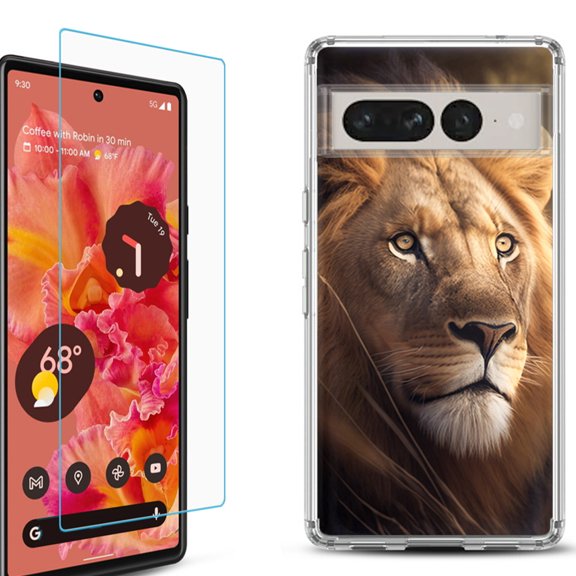 Shockproof Bumper Phone Case for Google Pixel 7, with Tempered Glass Screen Protector, by OneToughShield ® - Lion