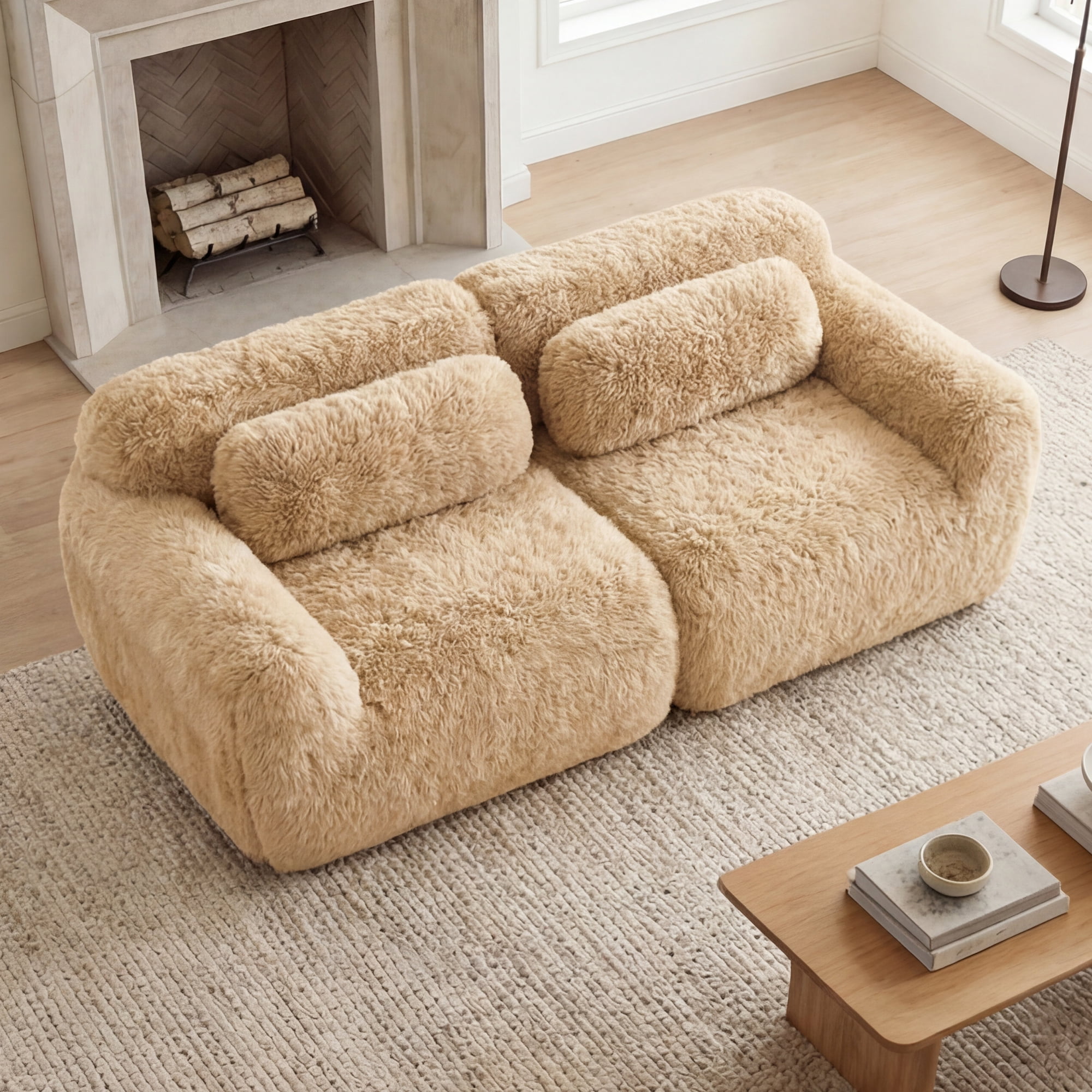 MAYEERTY 80" Khaki Modular Shaggy Sectional Sofa, Long-Pile Fluffy Floor Couch with High Density 32D Foam, Ergonomic Support Bean Bag Sofa for Living Room Bedroom