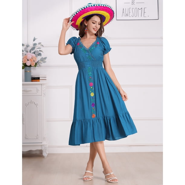 Idopip Women Mexican Dress Floral Embroidery V Neck Short Puff Sleeve Traditional Fiesta Dresses