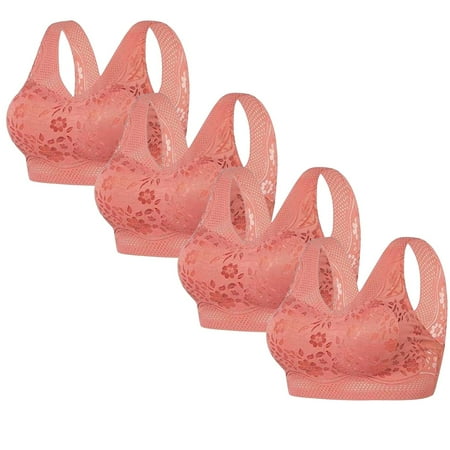 REORIAFEE Support Bras for Women 4 Pack Wirefree Gathered Together Bras Seamless Brassiere Breathable Wide Strap Comfy Corset Underwear Classic Comfortable Support Lingerie Hot Pink XXL