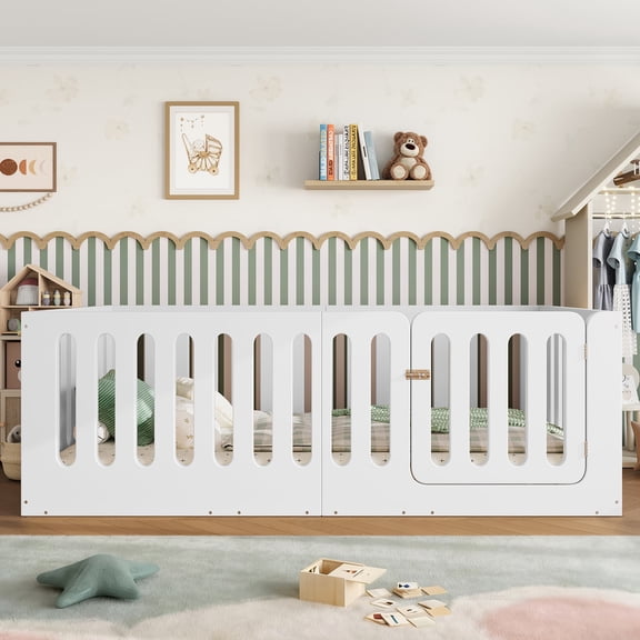 Twin Floor Bed with High Fence & Door, Solid Wood Montessori-Style Low-Profile Bed Frame, No Box Spring Needed for Guest Room, White