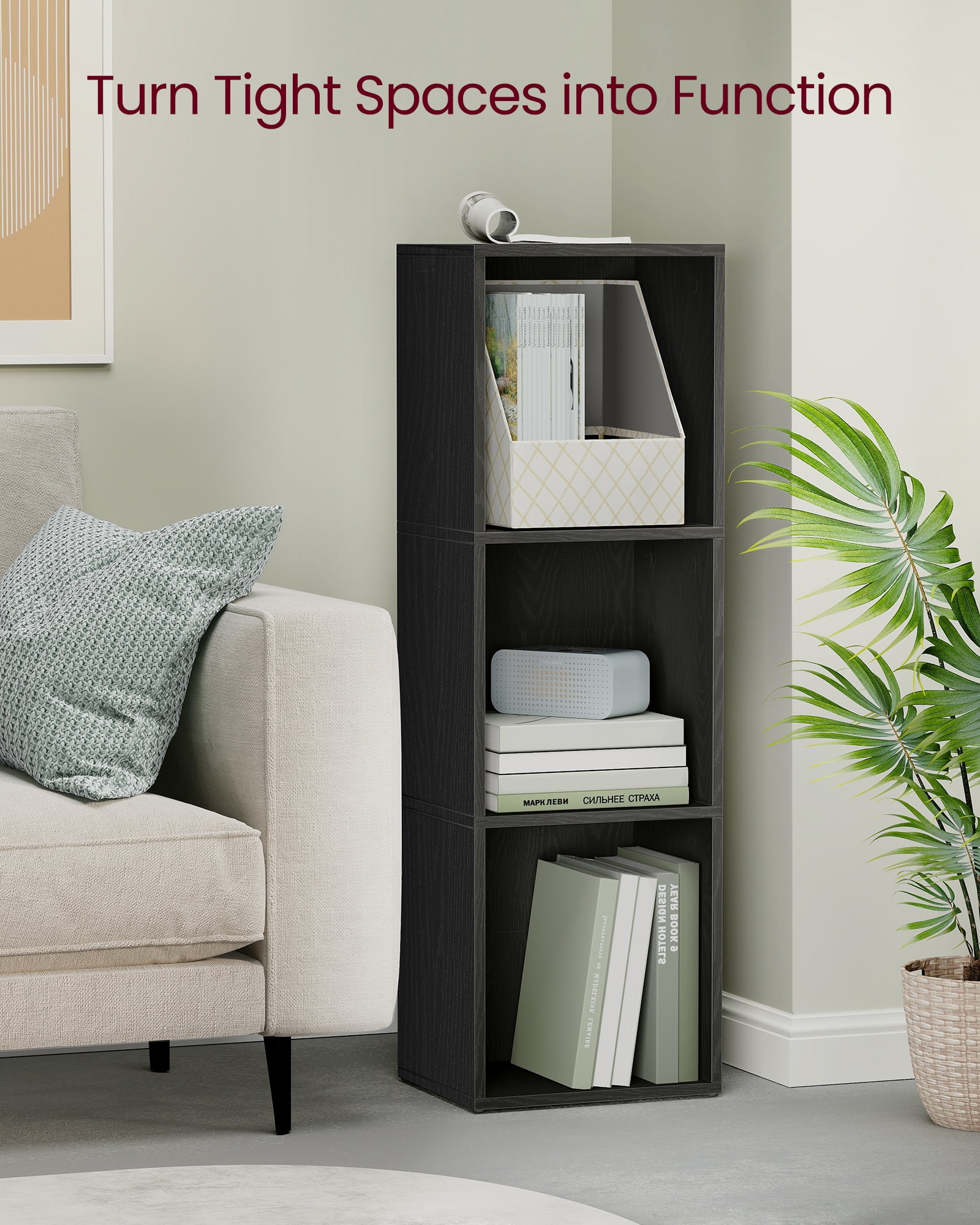 3-Tier Cube Bookcase, Open Shelf Organizer for Living Room/Office, Space-Saving Corner Design, Easy Assembly, Black