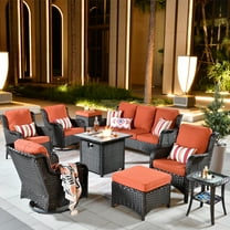 Ovios 9 Pieces Outdoor Patio Furniture with 30 Inch Fire Pit Table CSA Approved Grey Wicker Conversation Set with 360 Degree Swivel Rocking Chair, Metal