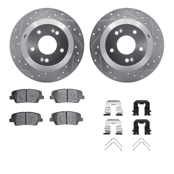Dynamic Friction Company Rear Brake Rotors-Drilled and Slotted-Silver with 5000 Advanced Brake Pads includes Hardware 7512-03090