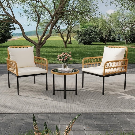 3 - piece all - weather outdoor patio muebles set: boho wicker rattan sectional sofa con metal frame y detachable cushions para patio, balcony, backyard, deck, o poolside (beige)