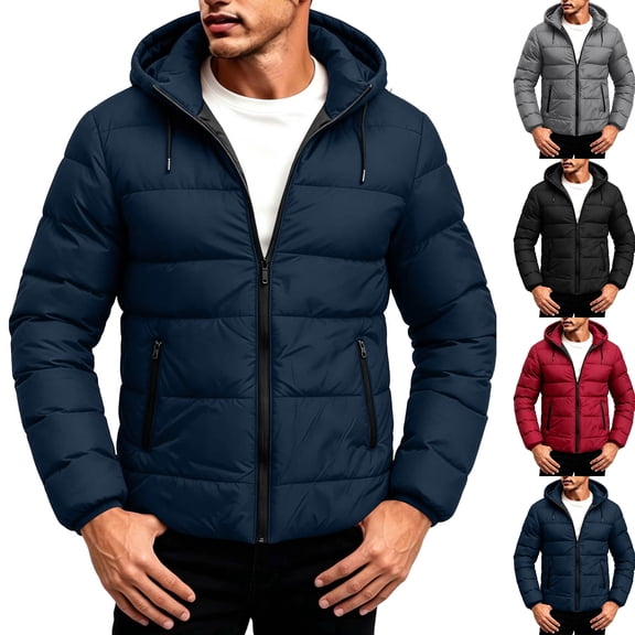 Chiccall Hooded Puffer Jackets for Men Full Zip Long Sleeve Drawstring Insulated Coats Winter Outdoor Warm Windproof Puffy Jakcet with Zipper Pockets