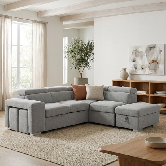 Sutton 105 in. Grey Upholstered Right-Facing Storage Sleeper Sectional Sofa Bed with Nested Stools