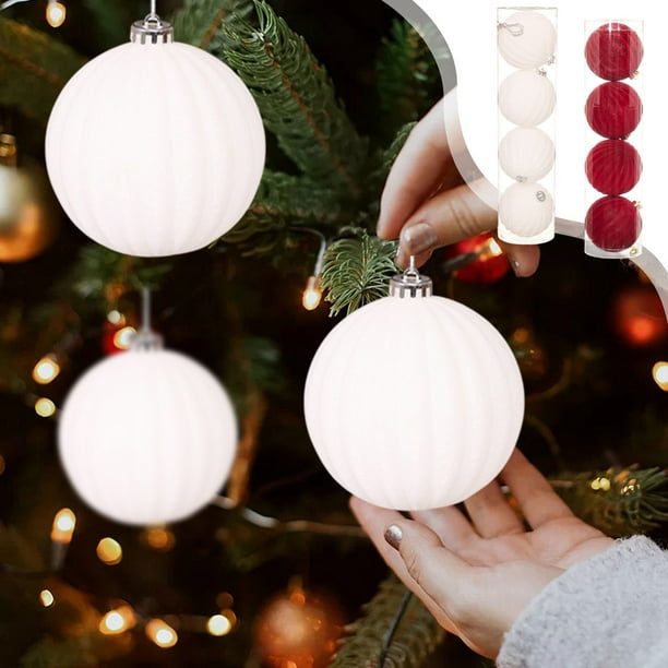 Adornos Navideños de Calabaza Flocada - Bolas Flocadas Rojas y Blancas de 12 Cm para Colgar En El Árbol | Juego de 4 Accesorios y Regalos Navideños