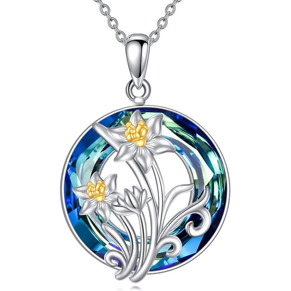 Daffodil Necklace March Birth Flower Pendant Necklace Circle Crystal 925 Sterling Silver Jewelry Gifts For Women