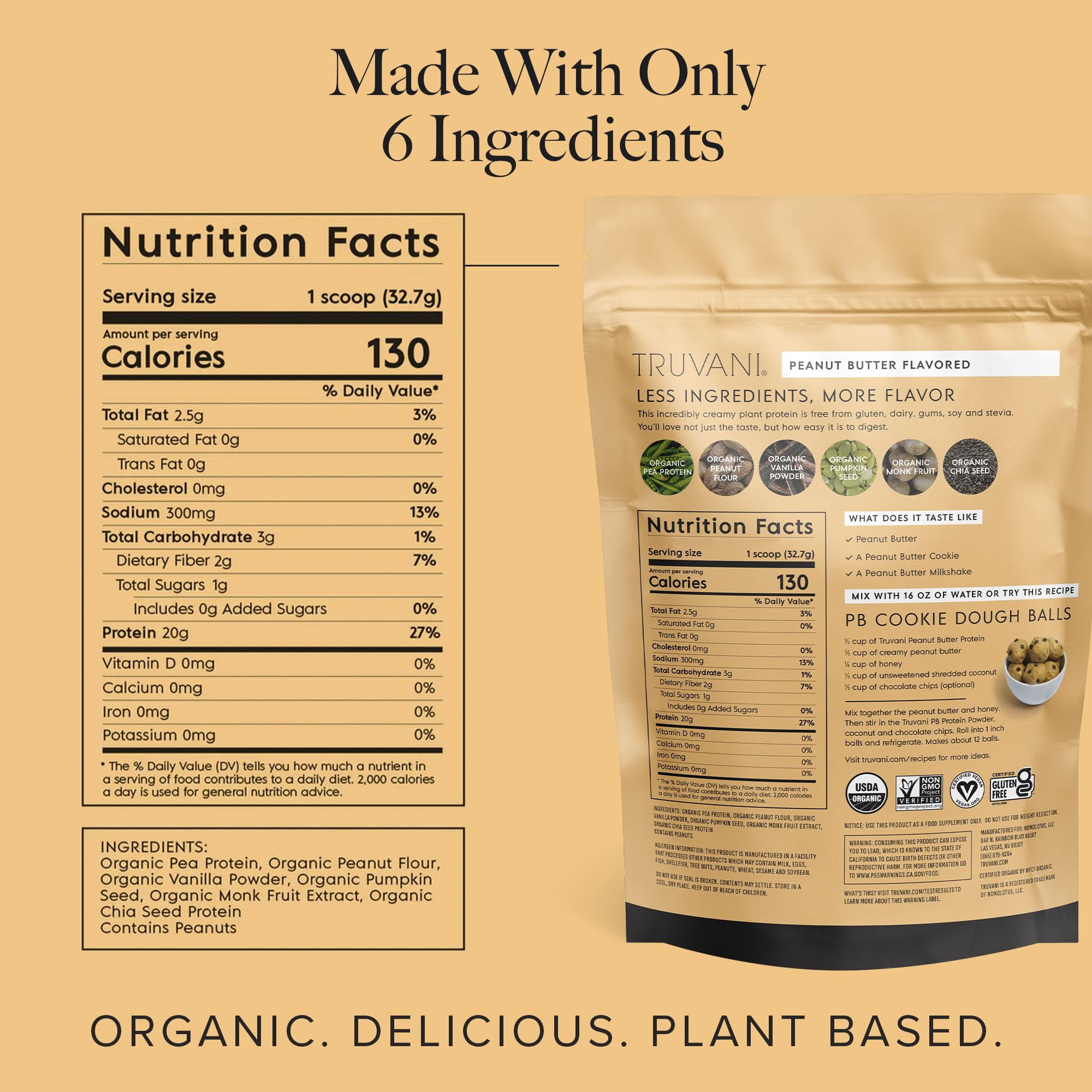 Truvani Vegan Plant Based Pea Protein Powder | Organic | Peanut Butter | 20 Servings | Gluten & Dairy Free