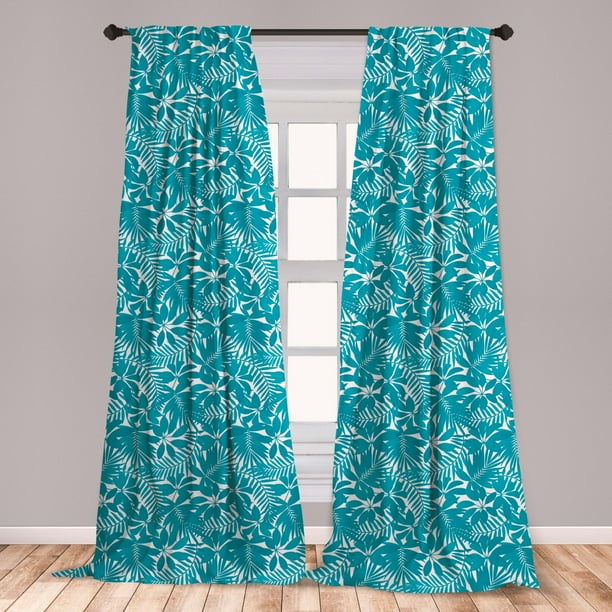 Aqua Curtains 2 Panels Set, Tropical Tree Leaves Pattern Hawaiian