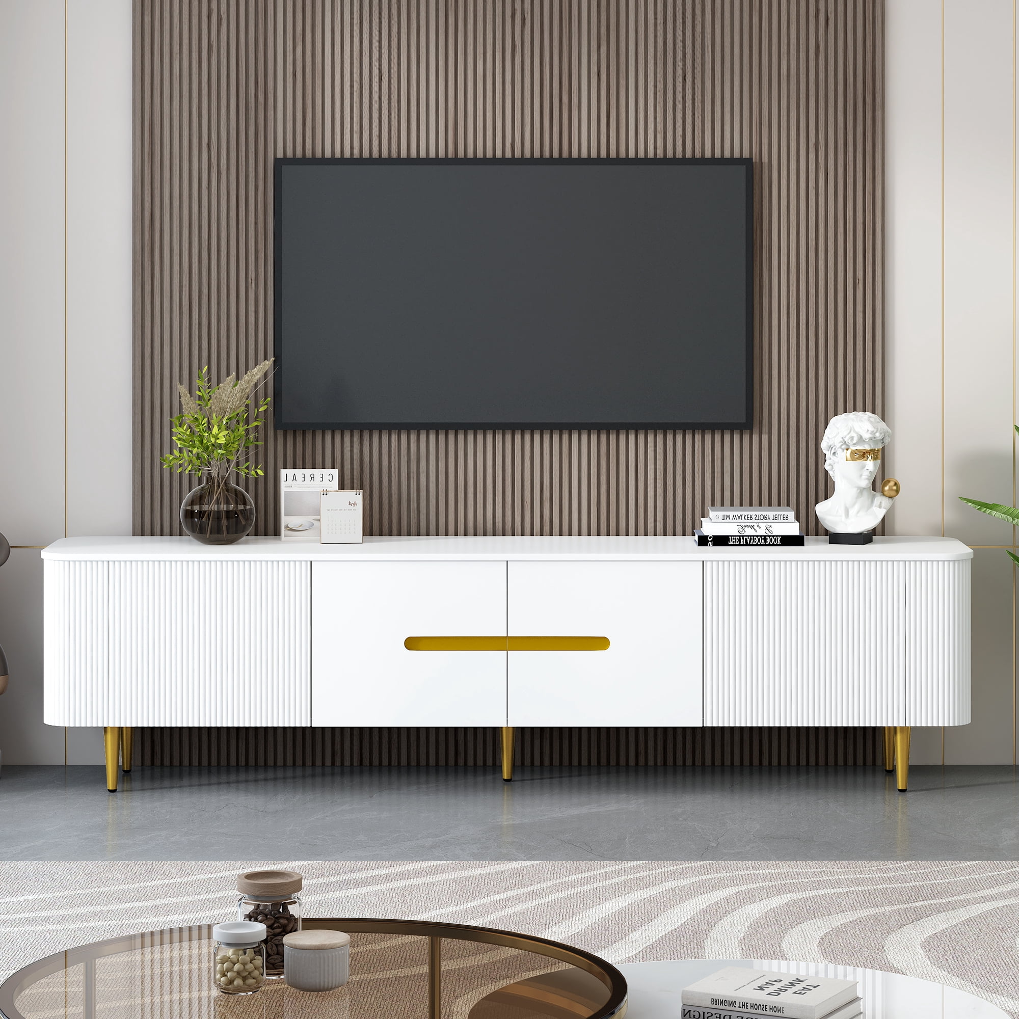 Euroco Modern Minimalist TV Stand with 4 Cabinets and Gold Metal Legs