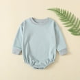 thumbnail image 3 of Pandaie Baby Solid Color Clothes Bubble Romper Newborn Boy Girl Fall Winter Long Sleeve Bodysuit Infant Daily Wear Light Blue,9-12 Months, 3 of 4