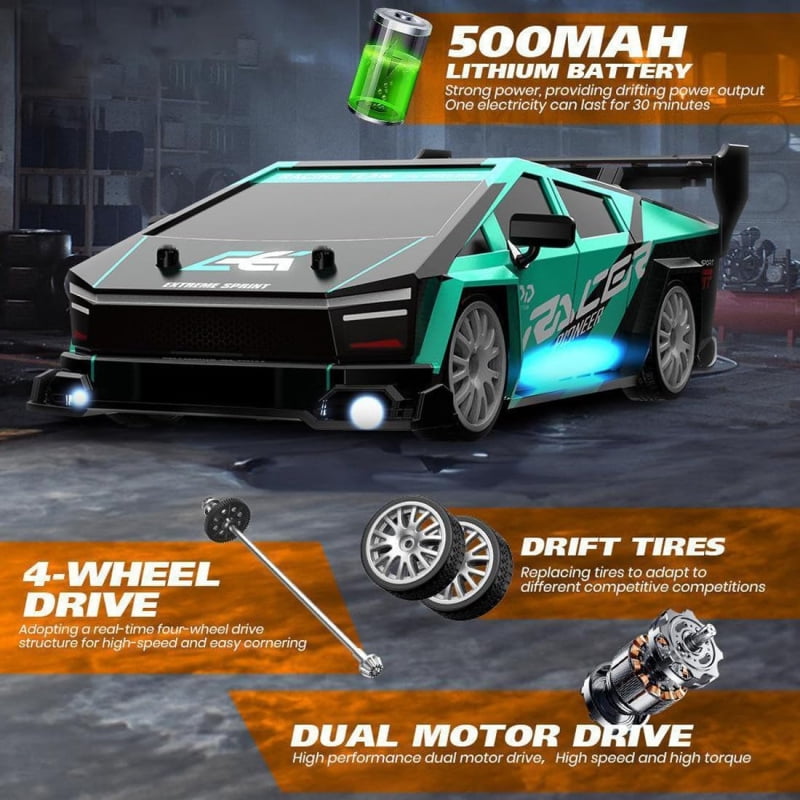 ATJIA RC Drift Car 1:24 Scale 4WD 2.4GHz 30KM/H High Speed Racing Sport Toy Car with LED Lights Racing and Drift Wheels