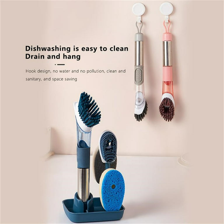 Dishwashing Brush Set, Dish Brush with Soap Dispensing Multi-Function  Kitchen Brush Washing Up Brush with Handle 4 Replacement Stiff Brushes and  Stand
