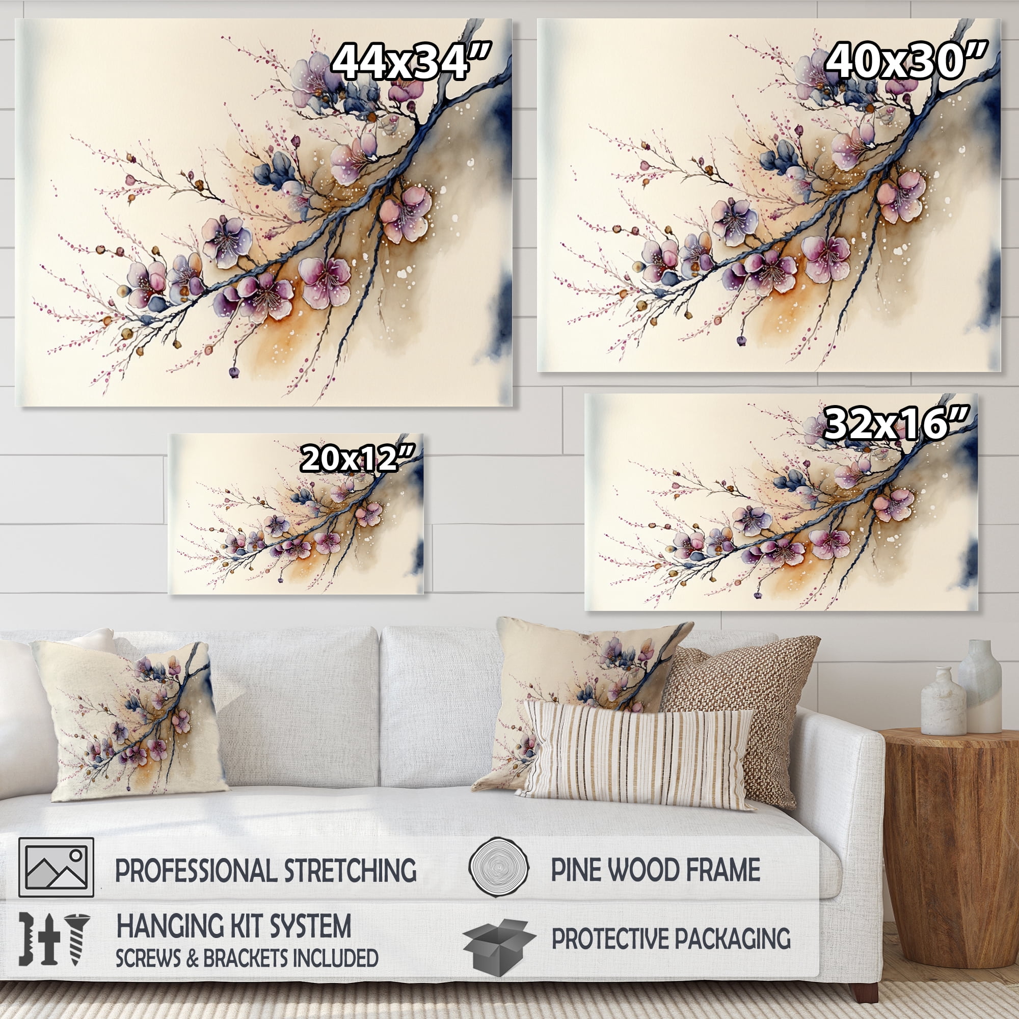 Designart Pink And Plum Cherry Blossom Branch I Canvas Wall Art