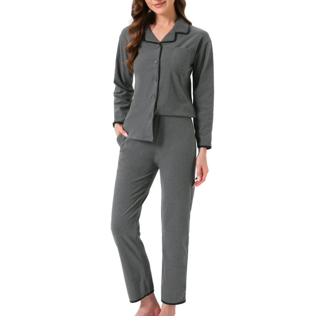Conjunto de pijama para mujer INSPIRE CHIC de felpa de franela, con botones, de manga larga, con cuello de muesca, pantalones con bolsillos, ropa de estar en casa, ropa de dormir, color negro