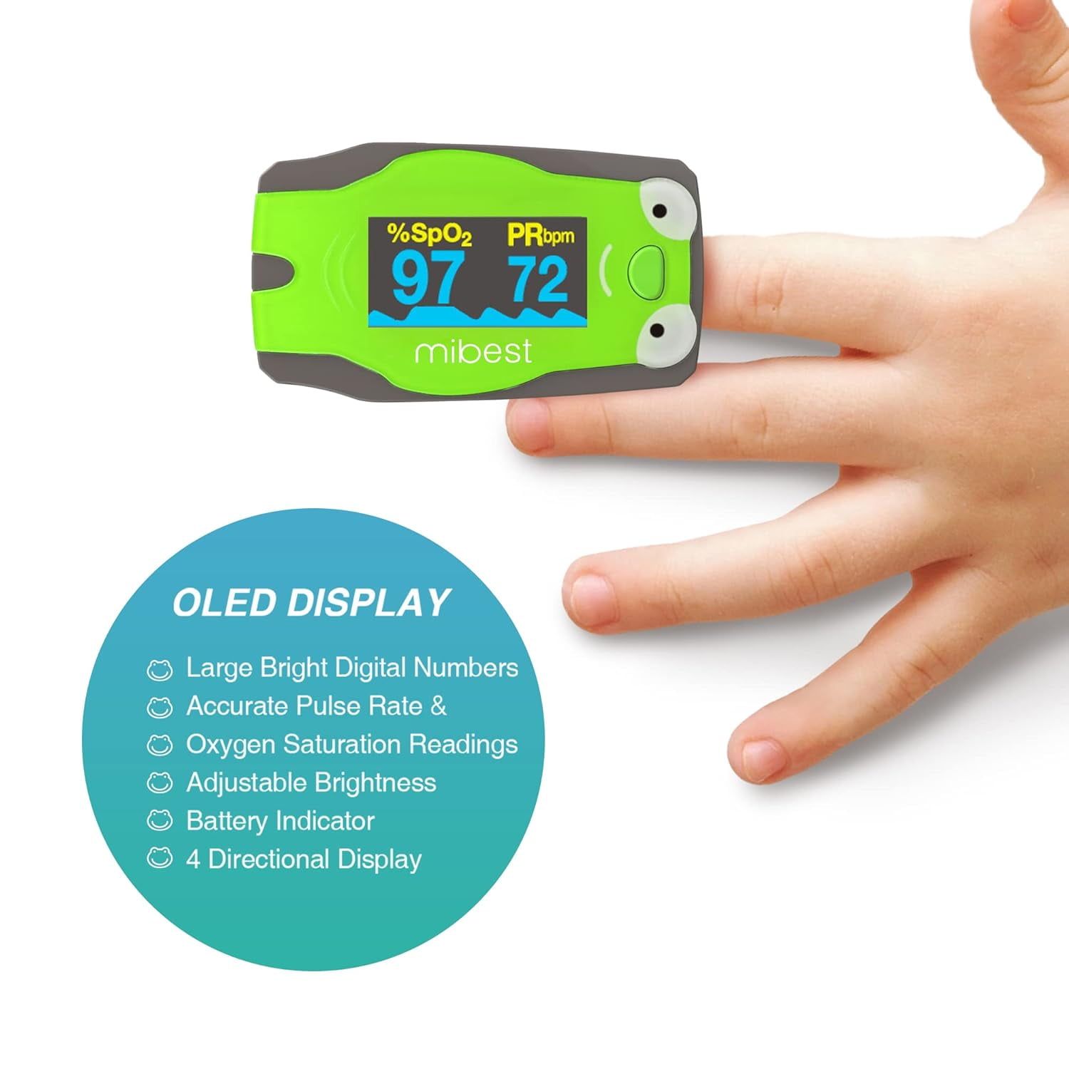 Mibest OLED Frog Pediatric Pulse Oximeter Fingertip – SP02 Pulse Oximeter for Kids – Children Pulse Oximeter with Color OLED Screen - Child O2 Saturation Monitor (Not for Infant or Newborn)