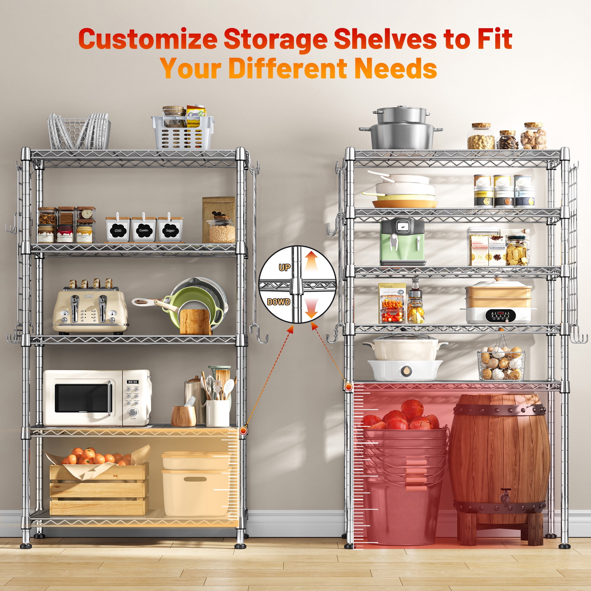 REIBII 5-Tier Adjustable Wire Shelving with Side Hanging Mesh & 12 Hooks,Space Saving Storage Rack for Kitchen Pantry,Office,Garage & Bathroom,Chrome