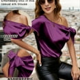 thumbnail image 4 of VIDUSSA Women's Off Shoulder Silk Satin Tops Short Sleeve Bow Tie Casual Dressy Blouse Shirts Purple L, 4 of 5