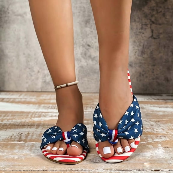 pwidon 4th of July Women's Slide Sandals for Summer American Flag Bow Open Toe Slip On Patriotic Casual Flat Beach Walking Flip Flop Slides Blue 5.5