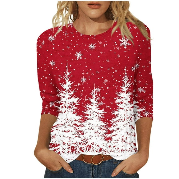 Lcziwo Womens Plus Size Tops 3/4 Sleeve Cute Sequin Tree Print Oversized Blouses Christmas Gifts Xmas Holiday Tees Casual Trendy Fall 2025 Shirts Red,XXXXXL